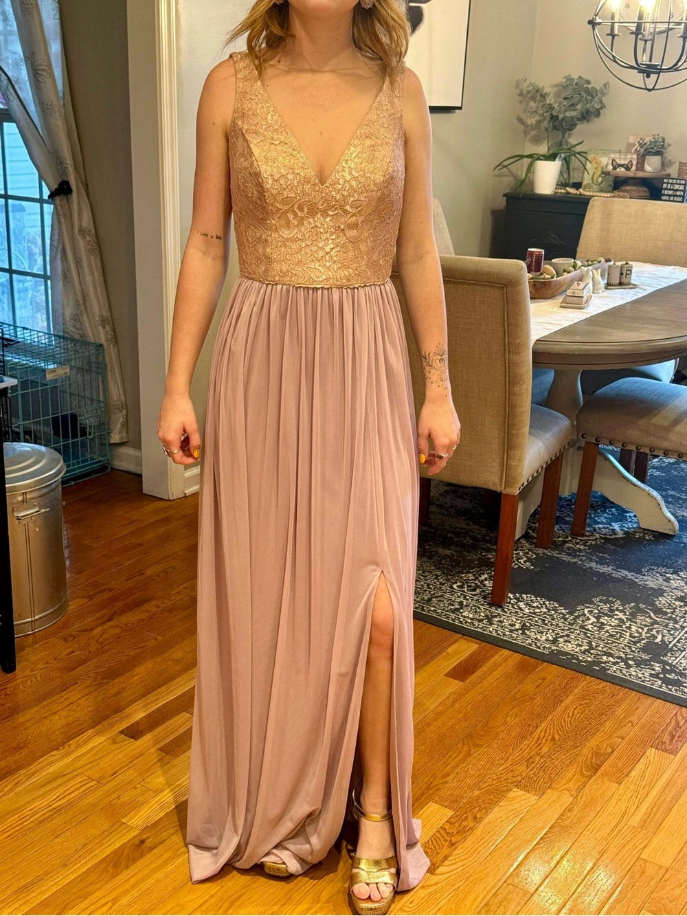 David's Bridal Dusty Rose & Gold Lace V-Neck Prom Gown